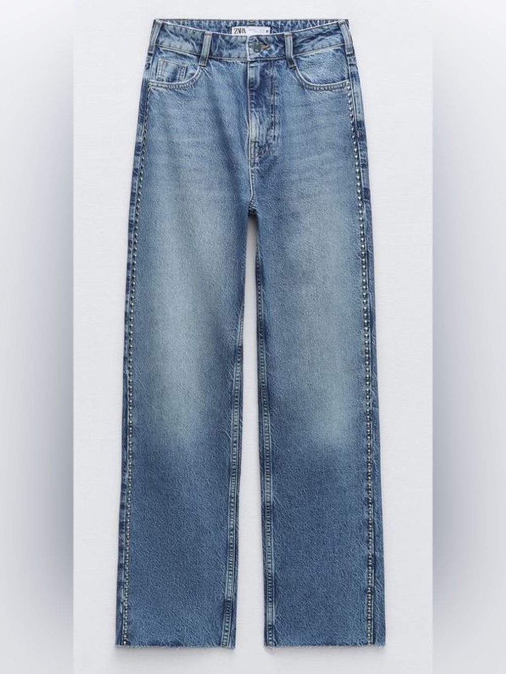 Zara Mid Wash High-Rise Straight Jeans with Studded Detail